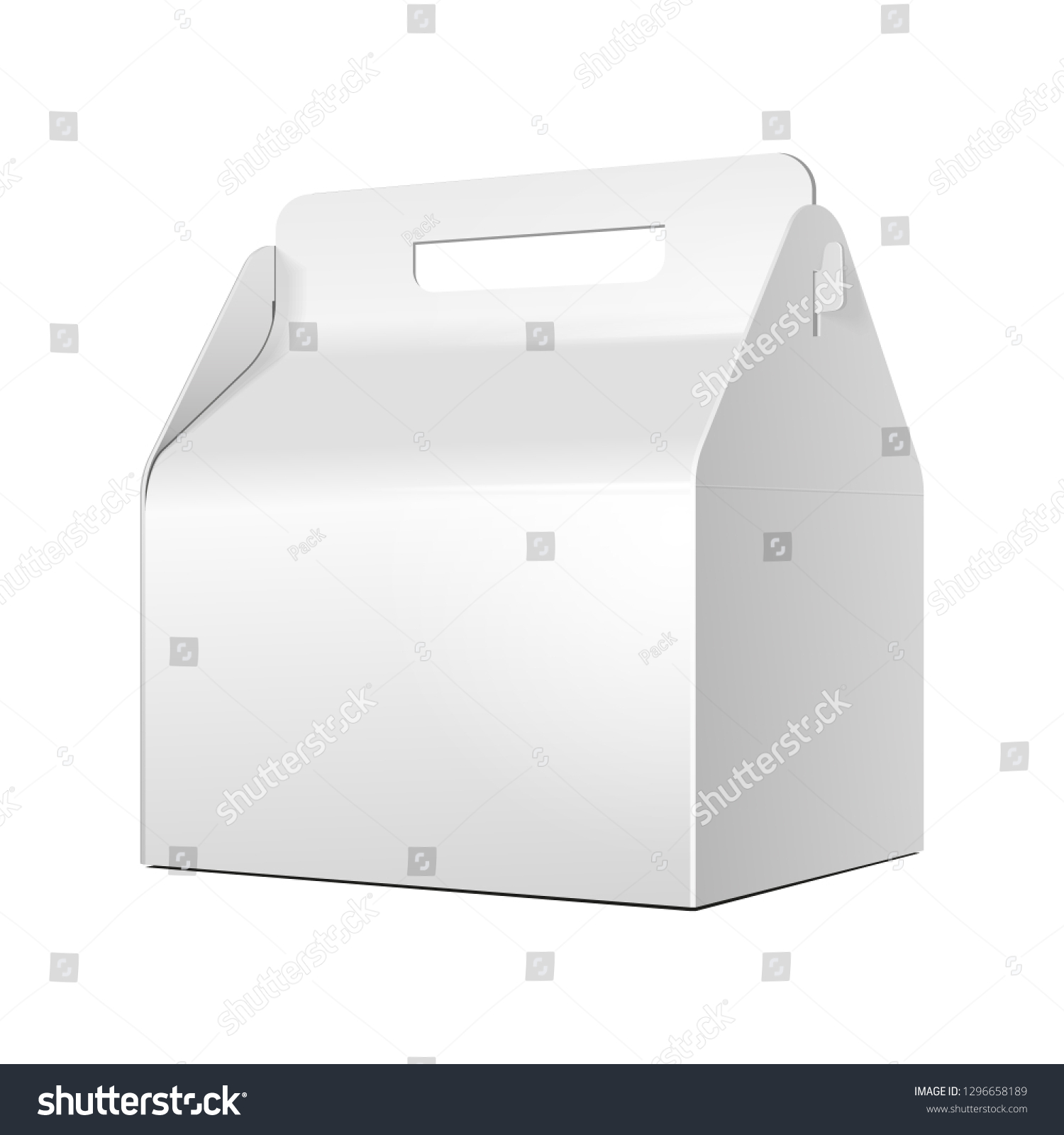 Mockup Cardboard Carry Packaging Box For Fast Food Meal, Candy, Cookies, Gift Or Other Products. Illustration Isolated On White Background. Mock Up Template Ready For Your Design. Vector EPS10 #1296658189