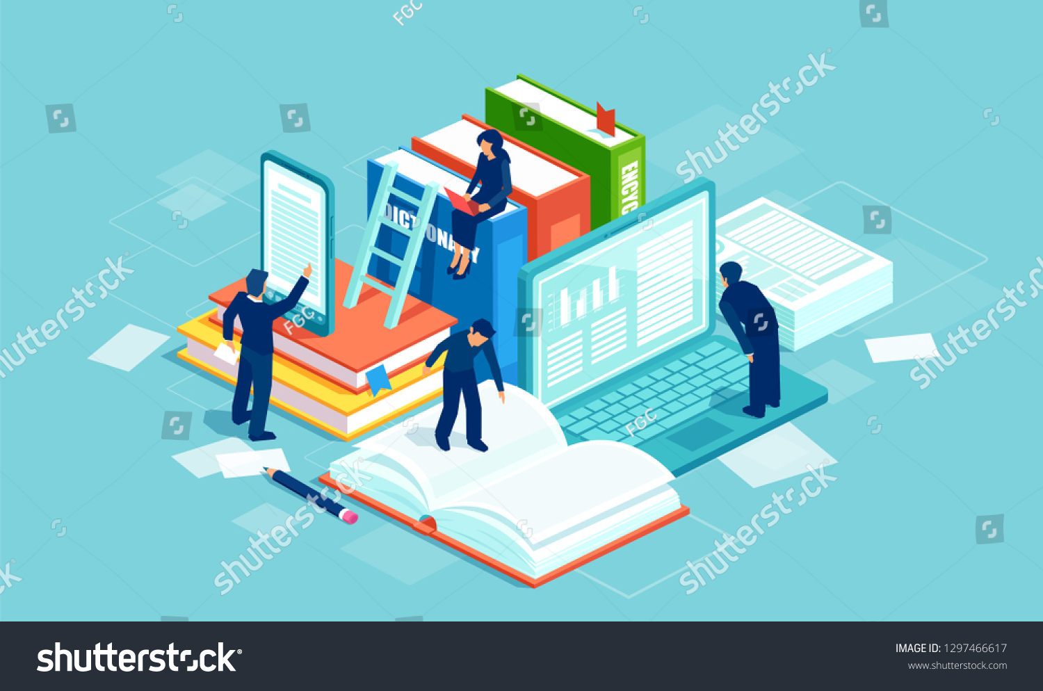 Dictionary, modern library and web archive. Literature and digital culture. Vector of people reading books using modern technology.  #1297466617