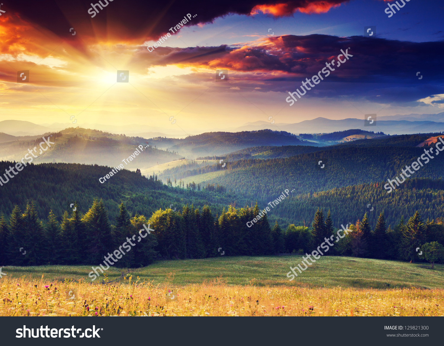 Majestic sunset in the mountains landscape. Dramatic sky. Carpathian, Ukraine, Europe. #129821300