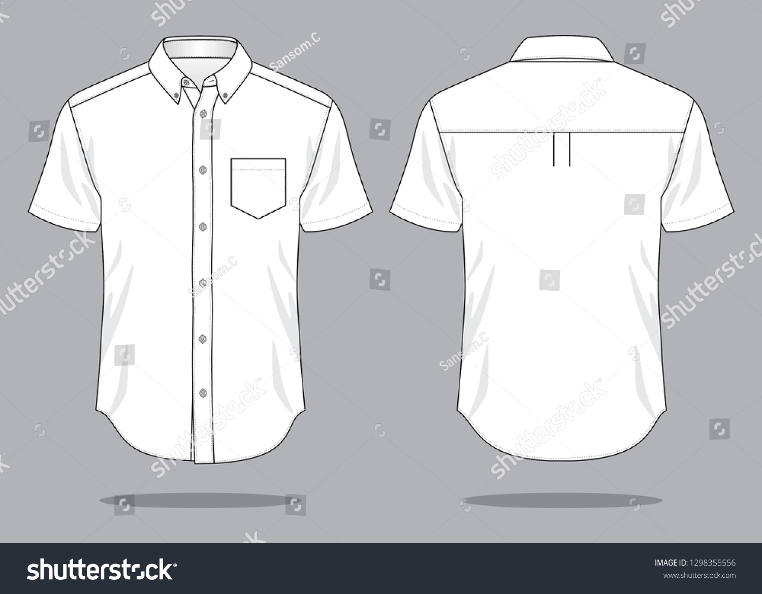Blank White Short Sleeve Shirt With One Pocket Template On Gray Background. Front and Back View, Vector File. #1298355556