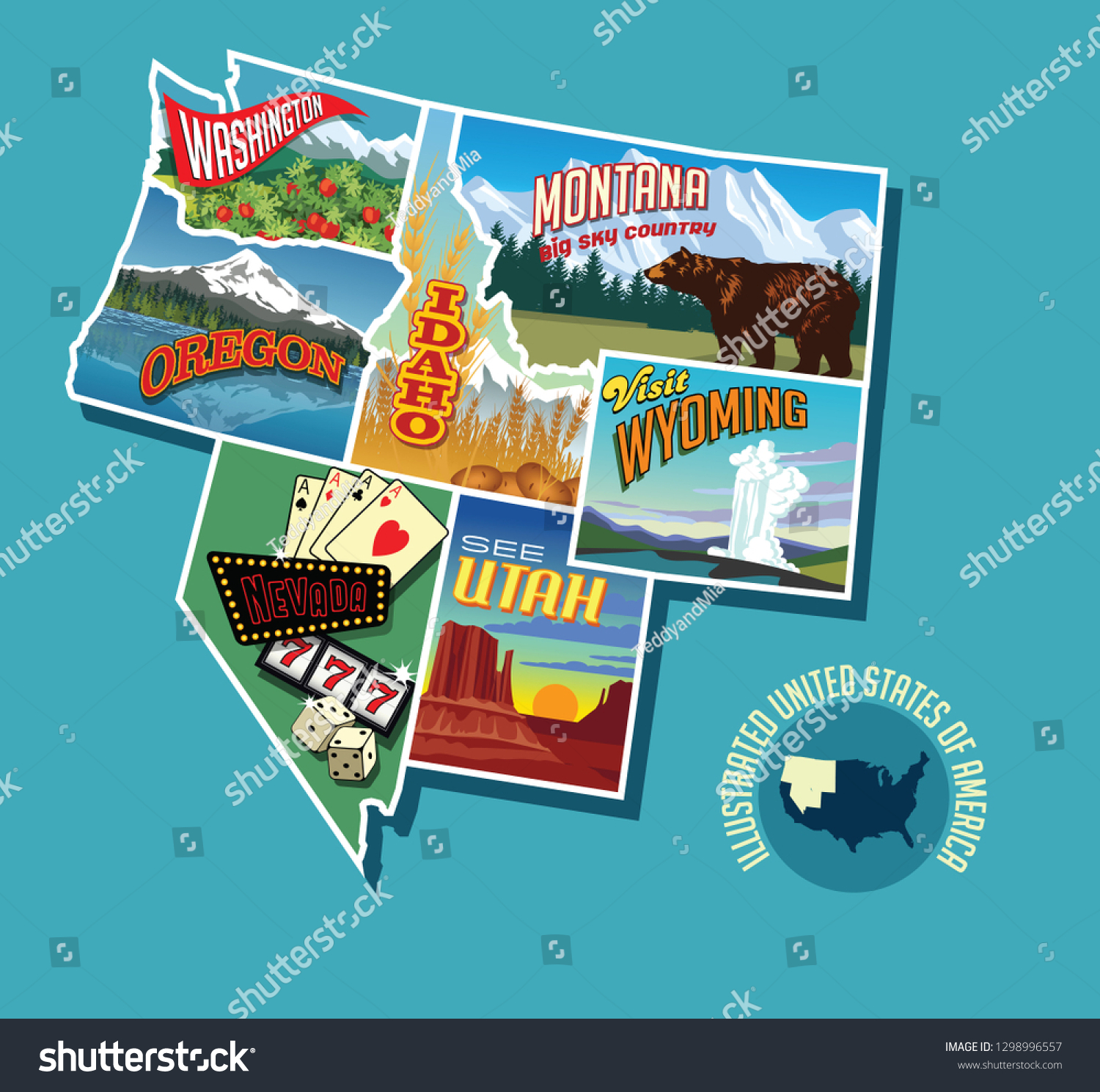 Illustrated pictorial map of Northwest United - Royalty Free Stock ...