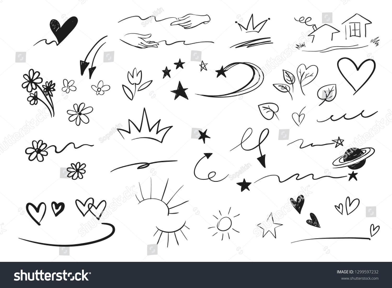 Hand drawn emphasis elements, black on white background. Vector symbols and logo. Arrow, heart, love, hand made, homemade, star, leaf, sun, light, flower, daisy, graffitti crown, king, queen #1299597232
