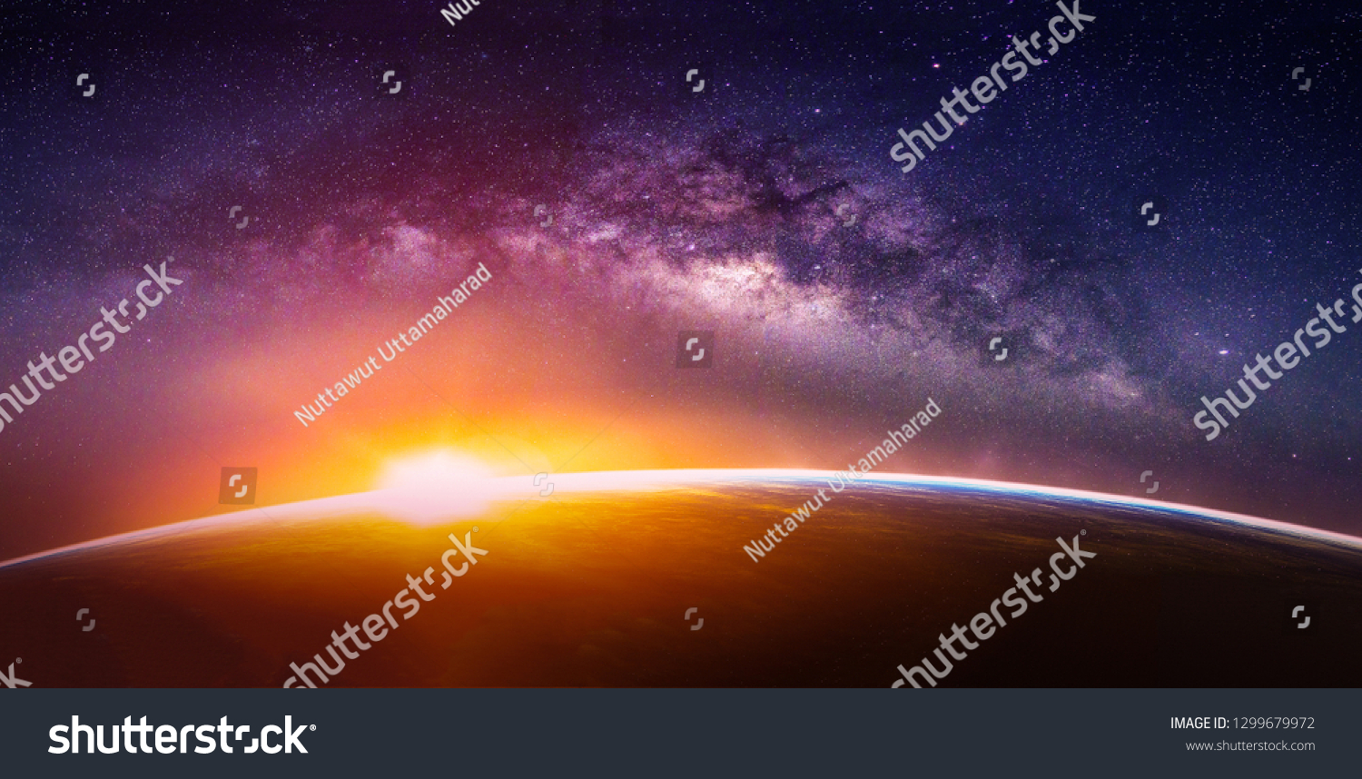 Landscape with Milky way galaxy. Sunrise and Earth view from space with Milky way galaxy. (Elements of this image furnished by NASA) #1299679972