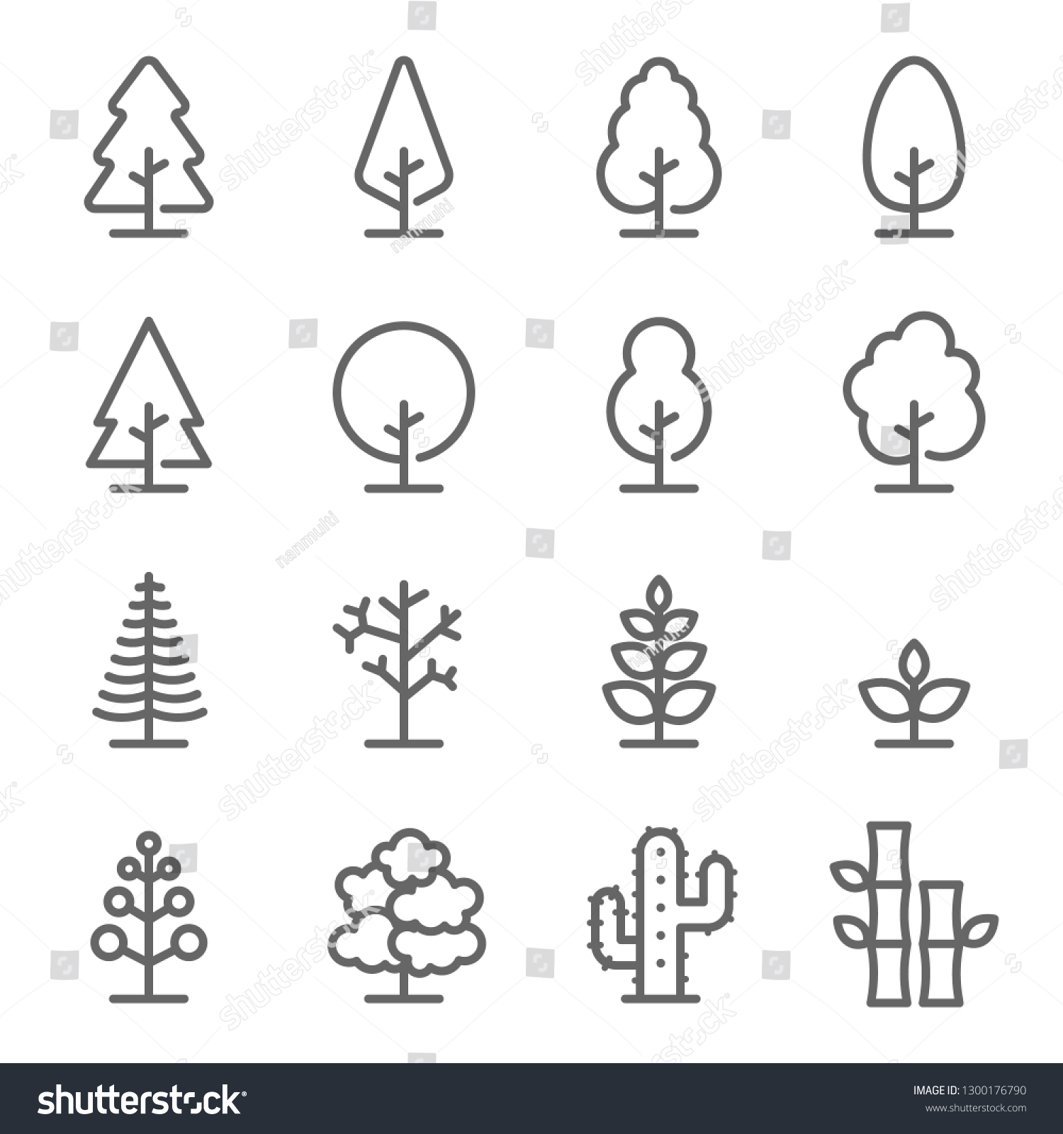 Tree Vector Line Icon Set. Contains such Icons as Wood, Plant, Pine, Cactus, Bamboo and more. Expanded Stroke #1300176790