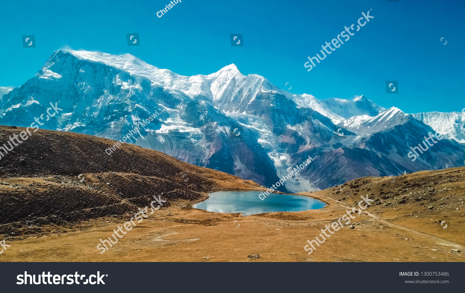 Ice lake, as part of the Annapurna Circuit Trek detour, Himalayas, Nepal. Annapurna chain in the back, covered with snow. Clear weather, dry grass, snowy peaks. Freedom, solitude, chill and relaxation #1300753486