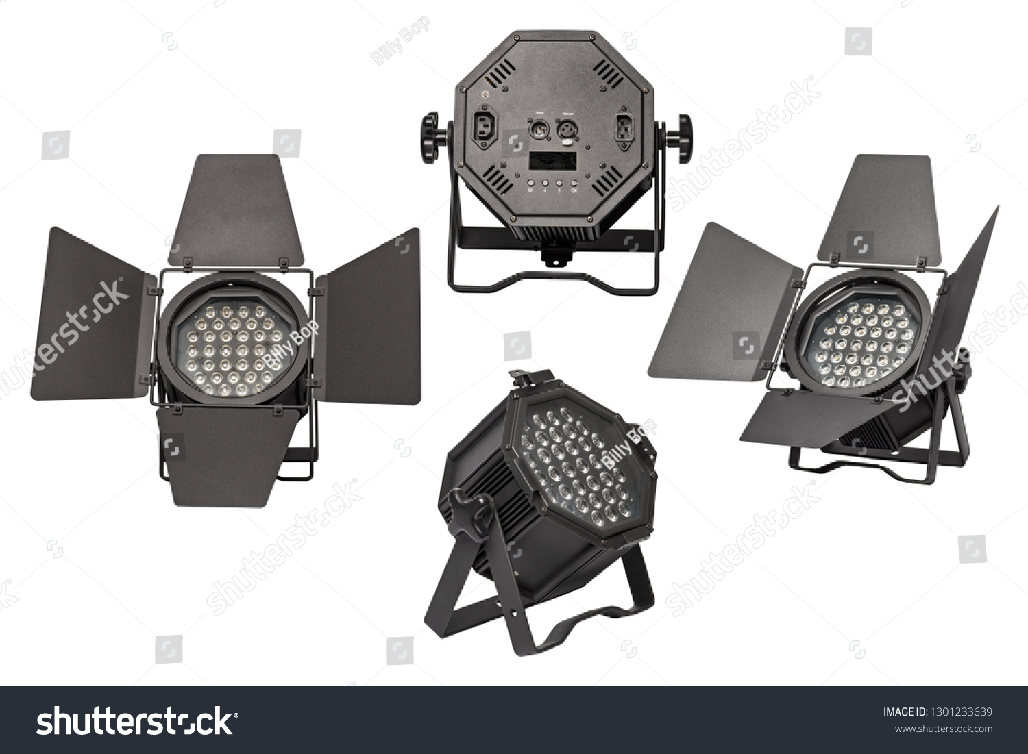 THEATRE STAGE SPOTLIGHT FOOTLIGHT. LED Theatre Spotlights Lamp Lights with Barn Doors. LED Theatre Stage Lighting. Concerts Video Film Studio Production Staging Lights. Isolated on white background #1301233639