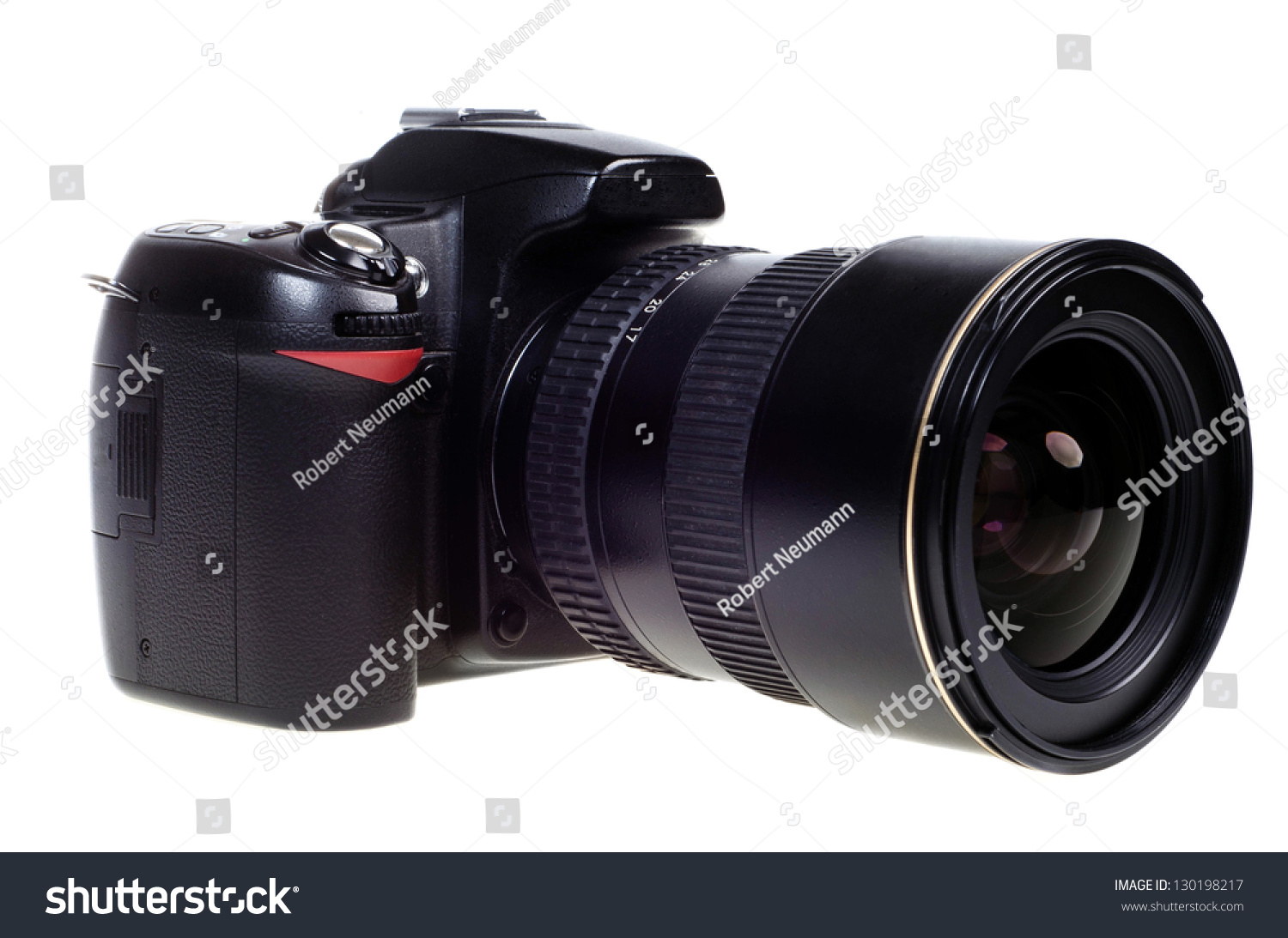 digital single lens reflex camera with zoom lense isolated on white background #130198217