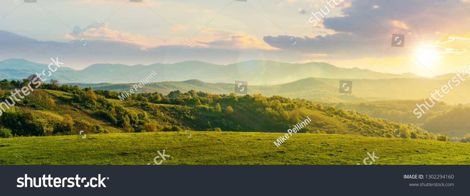 panorama of romania countryside at sunset in evening light. wonderful springtime landscape in mountains. grassy field and rolling hills. rural scenery #1302294160