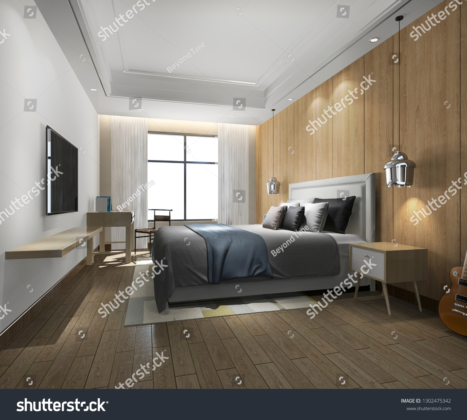 3d rendering beautiful luxury bedroom suite in hotel with tv
 #1302475342