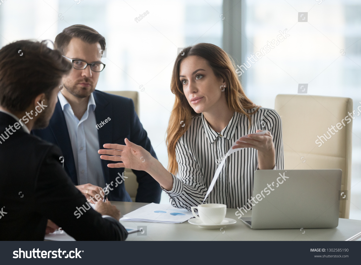 Dissatisfied executive manager having conflict with employee about financial report mistake, disgruntled clients claim complaint disputing about bad contract terms meeting lawyer, legal fraud concept #1302585190