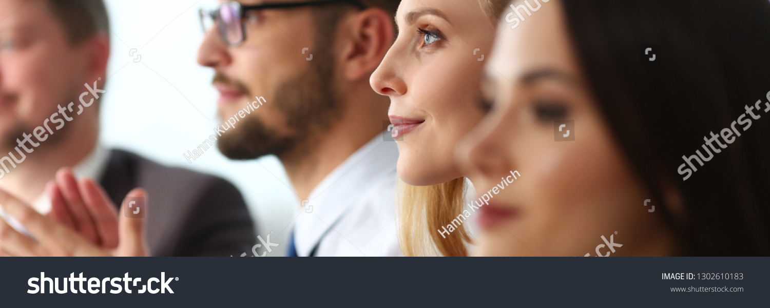 Group of people clap their arm in row during seminar portrait. Great news brief achievement win deal good job happy birthday employee introduce party positive welcome effective speech concept #1302610183