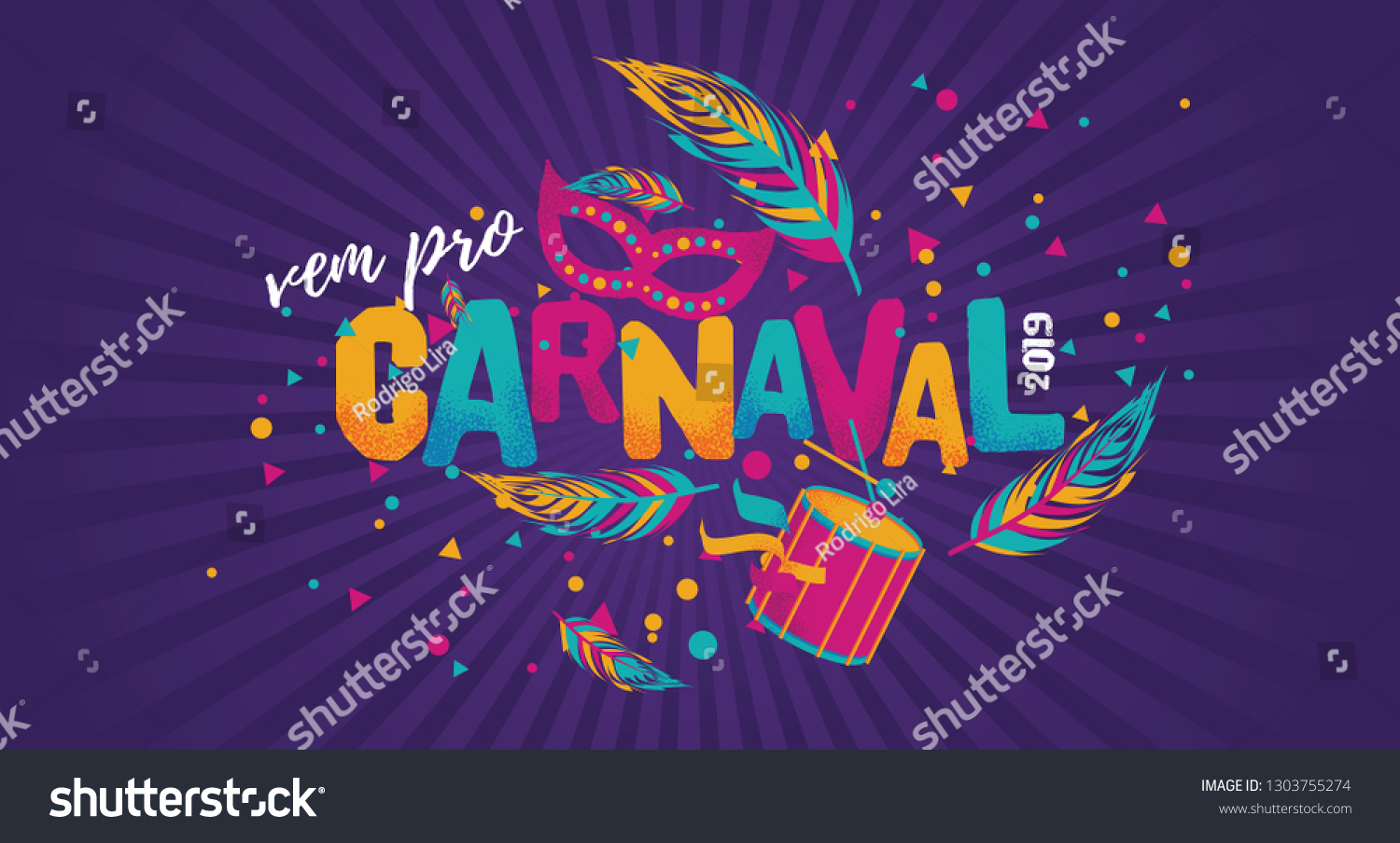 Popular Event in Brazil. Festive Mood. Carnaval Title With Colorful Party Elements Saying Come to Carnival. Travel destination. Brazilian Rythm, Dance and Music. #1303755274