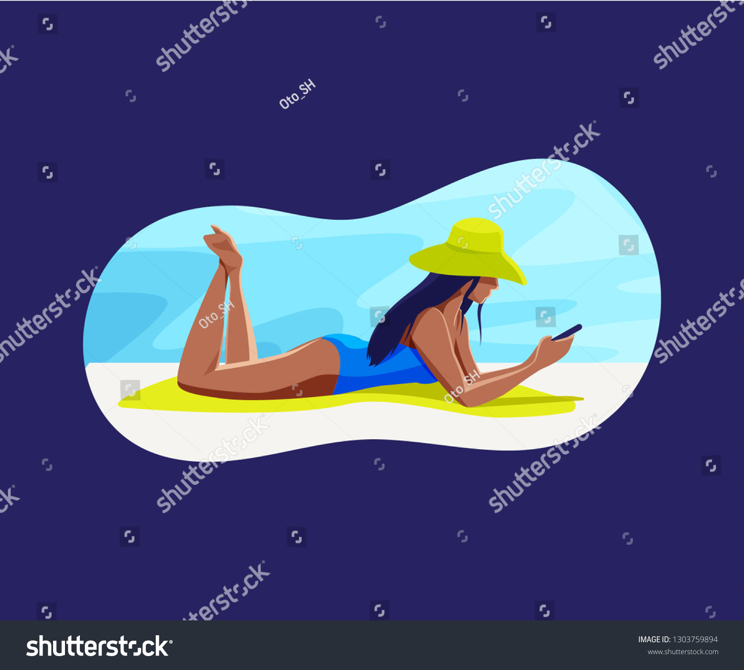 Beautiful Woman In Bikini Is Sunbathing Royalty Free Stock Vector 1303759894 7057