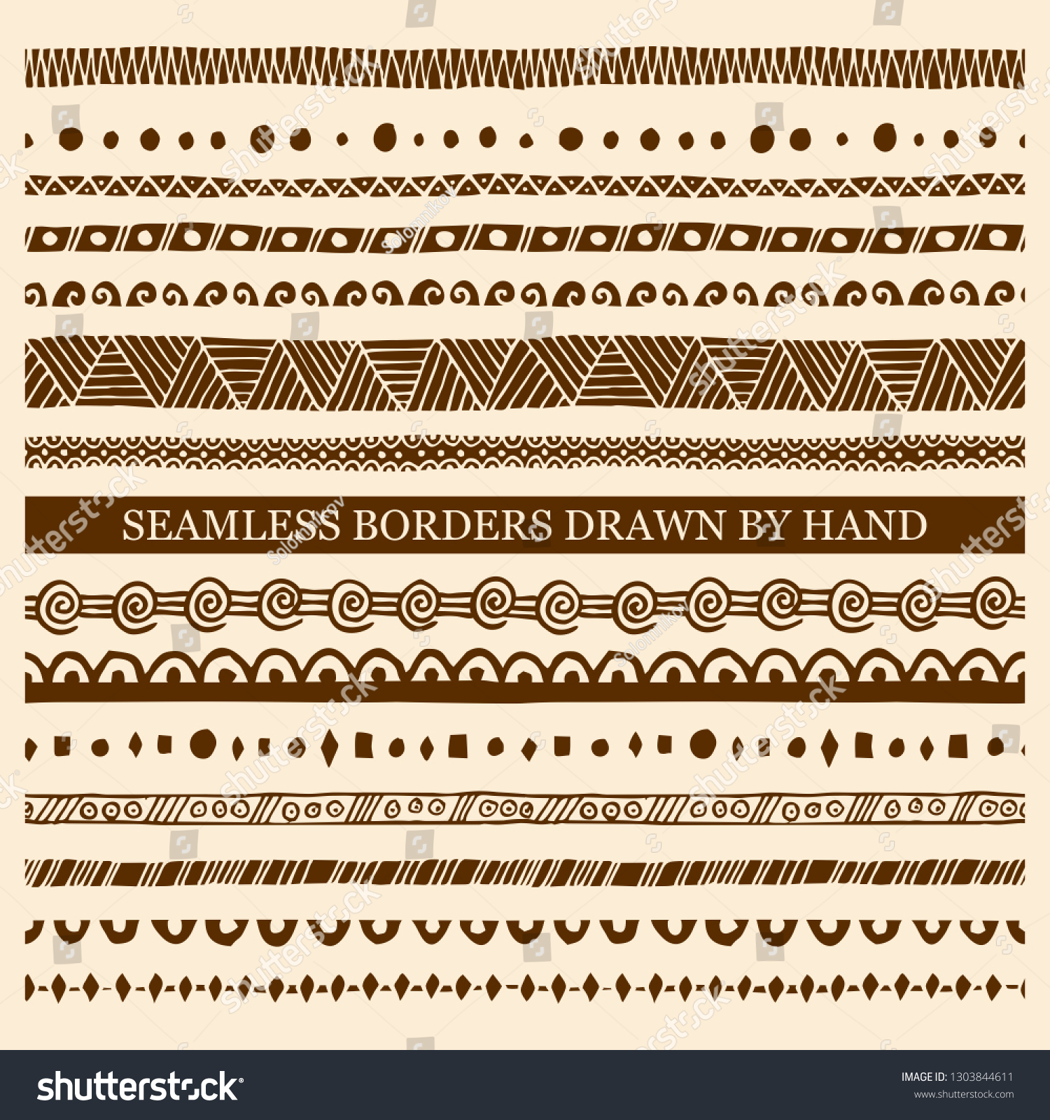 Vector set of hand drawn seamless borders made with ink. Freehand textures for fabric, polygraphy, web design. #1303844611