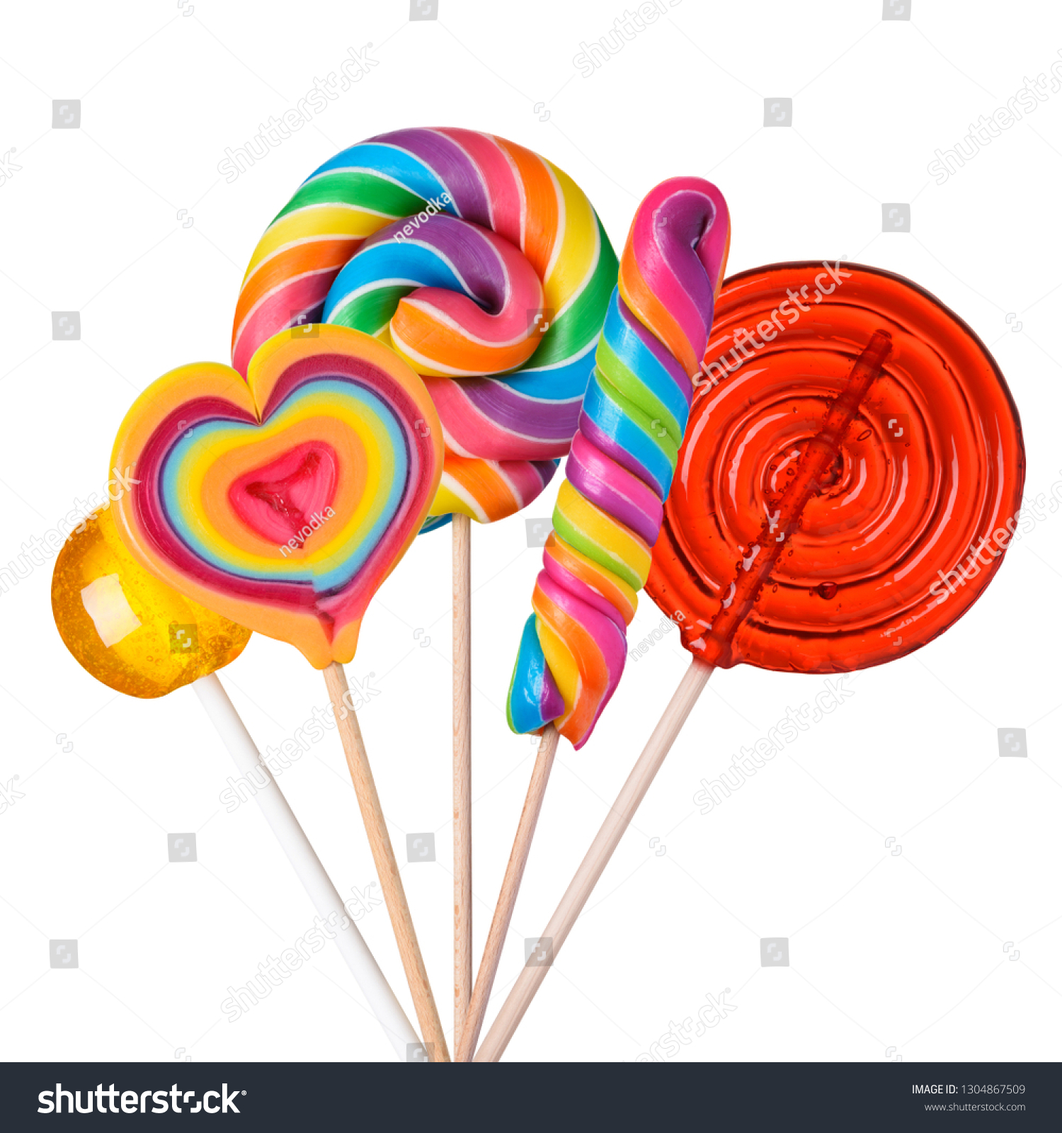 Lollipop candy set. Different sugar candies on sticks assortment isolated on white background. #1304867509