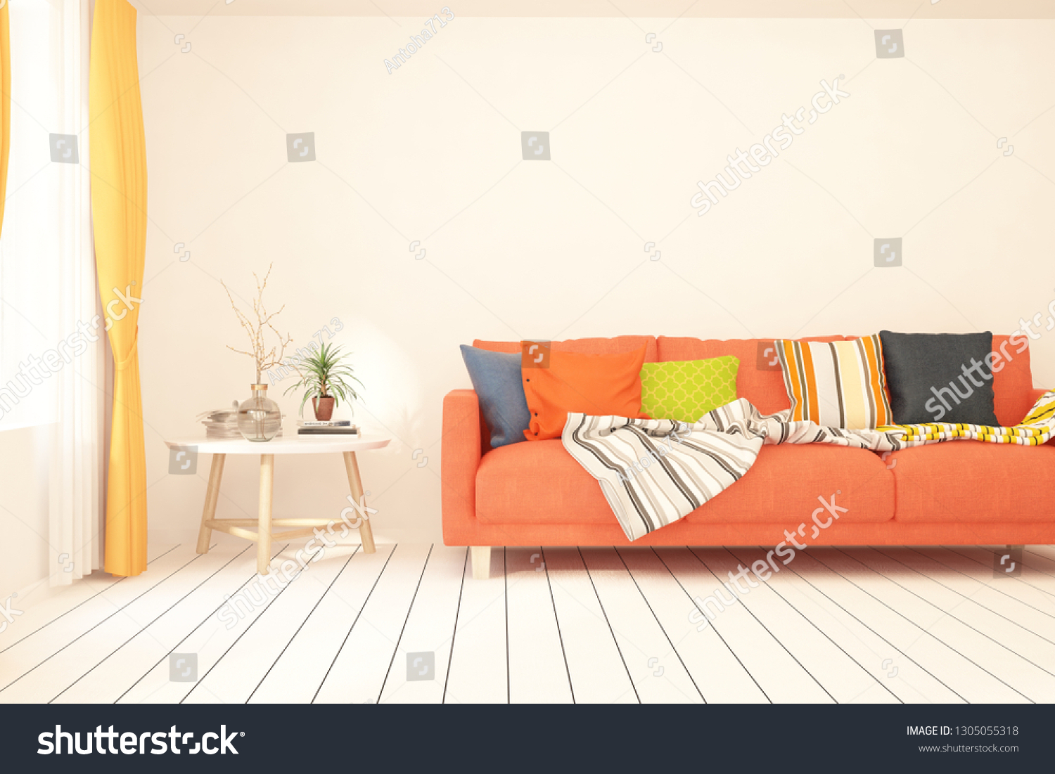 White stylish minimalist room with orange sofa. Scandinavian interior design. 3D illustration #1305055318