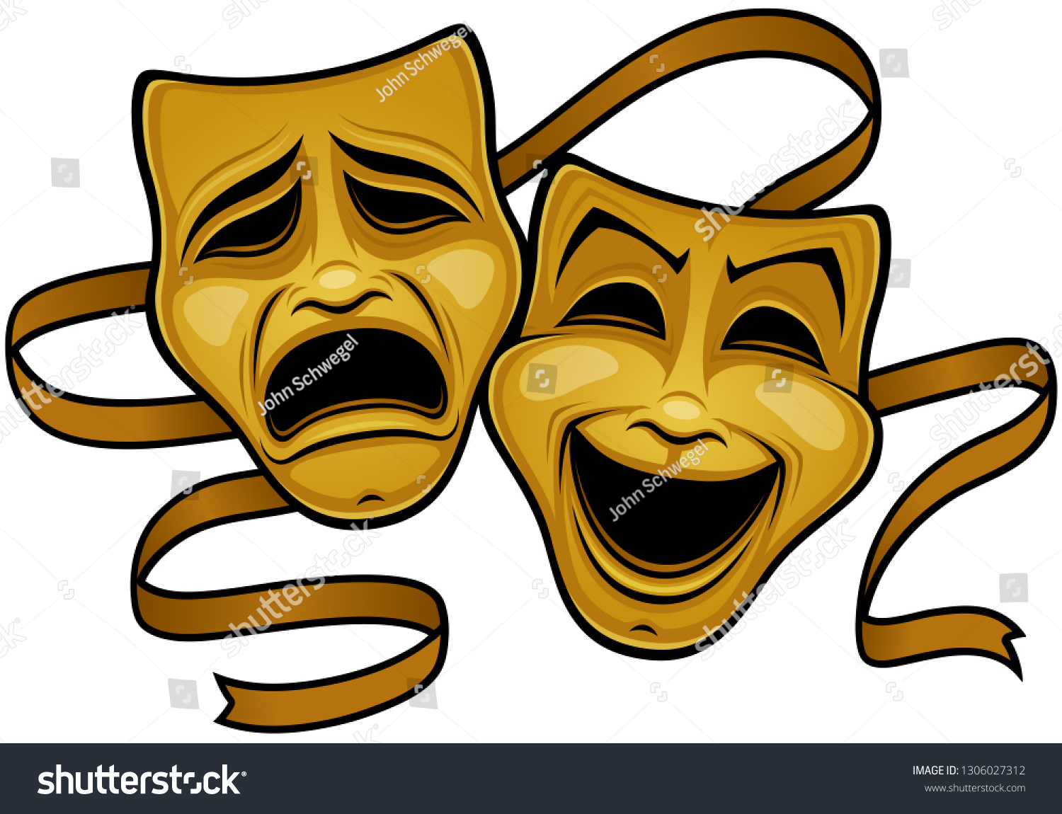 Gold Comedy And Tragedy Theater Masks. Vector illustration of gold comedy and tragedy theater masks with a gold ribbon.  #1306027312
