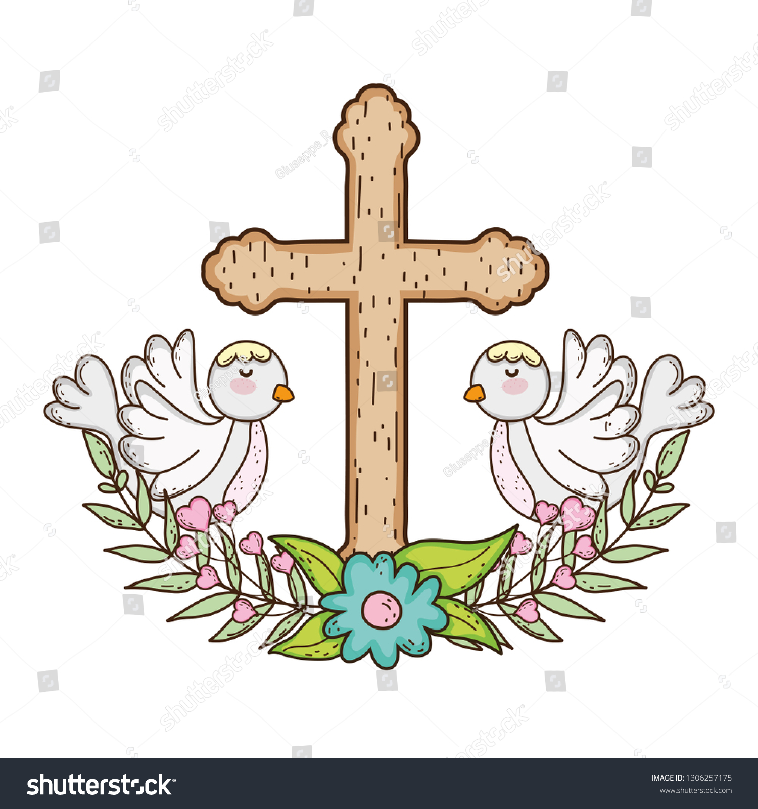 cute doves birds with cross - Royalty Free Stock Vector 1306257175 ...