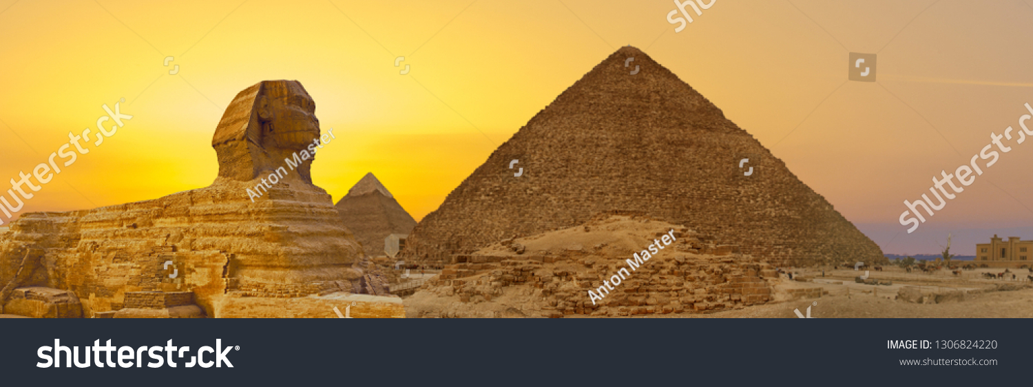 Sphinx against the backdrop of the great Egyptian pyramids. Africa, Giza Plateau. #1306824220
