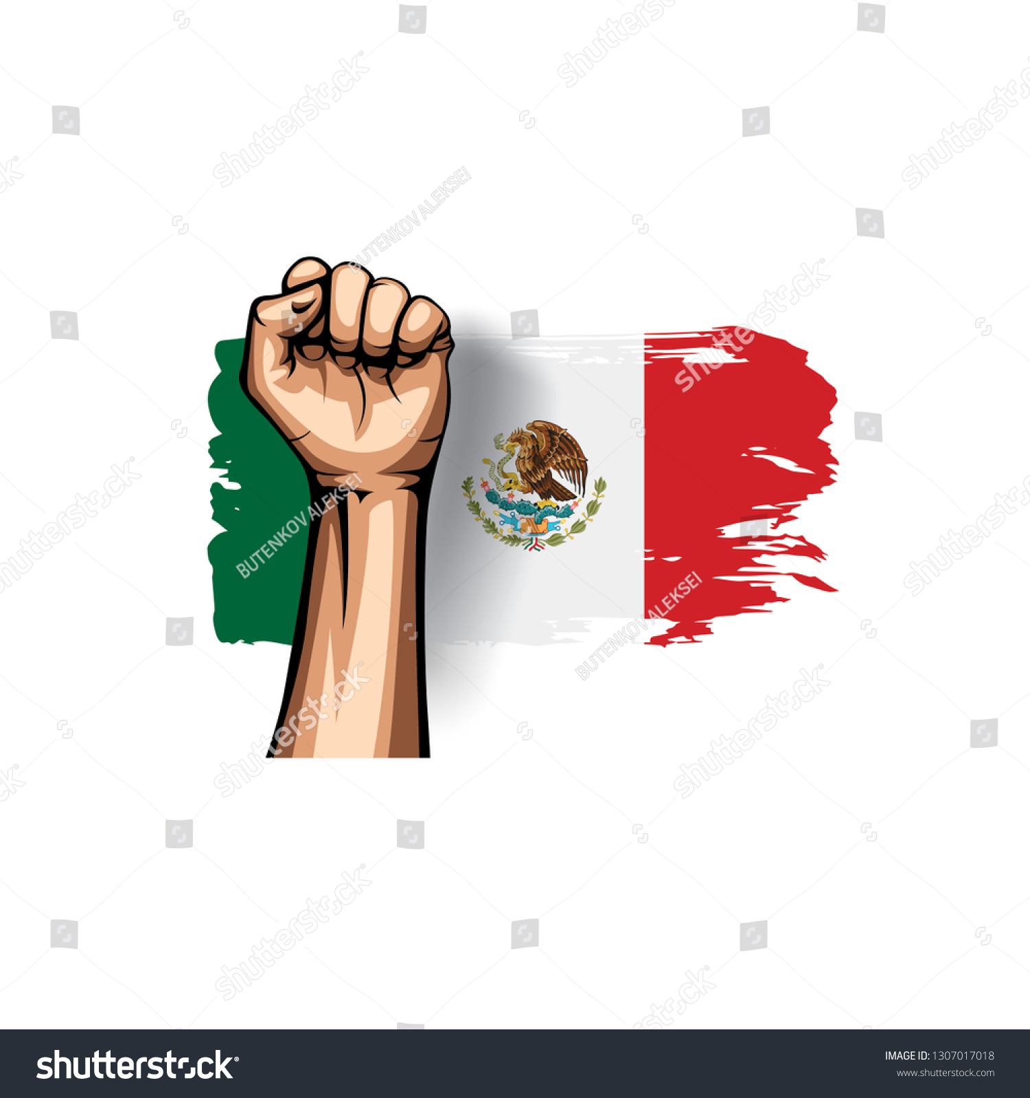 Mexican flag and hand on white background. Vector illustration #1307017018