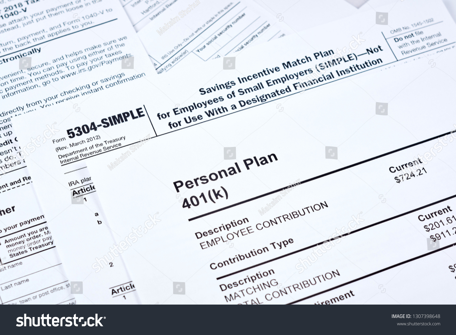 Tax reporting and retirement plan. Personal plan 401k form on against background 5304-simple tax form and other forms #1307398648