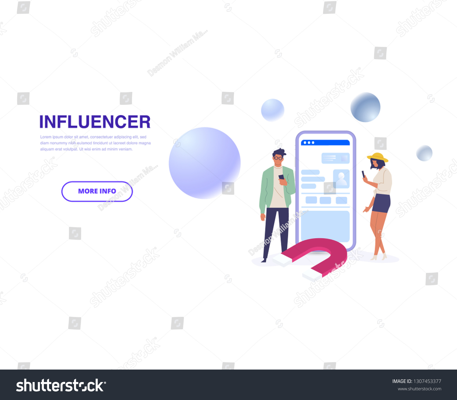 Influencer marketing.  Potential product buyers or consumer products buyer, online engagement communication business or digital customer research process strategy illustration #1307453377