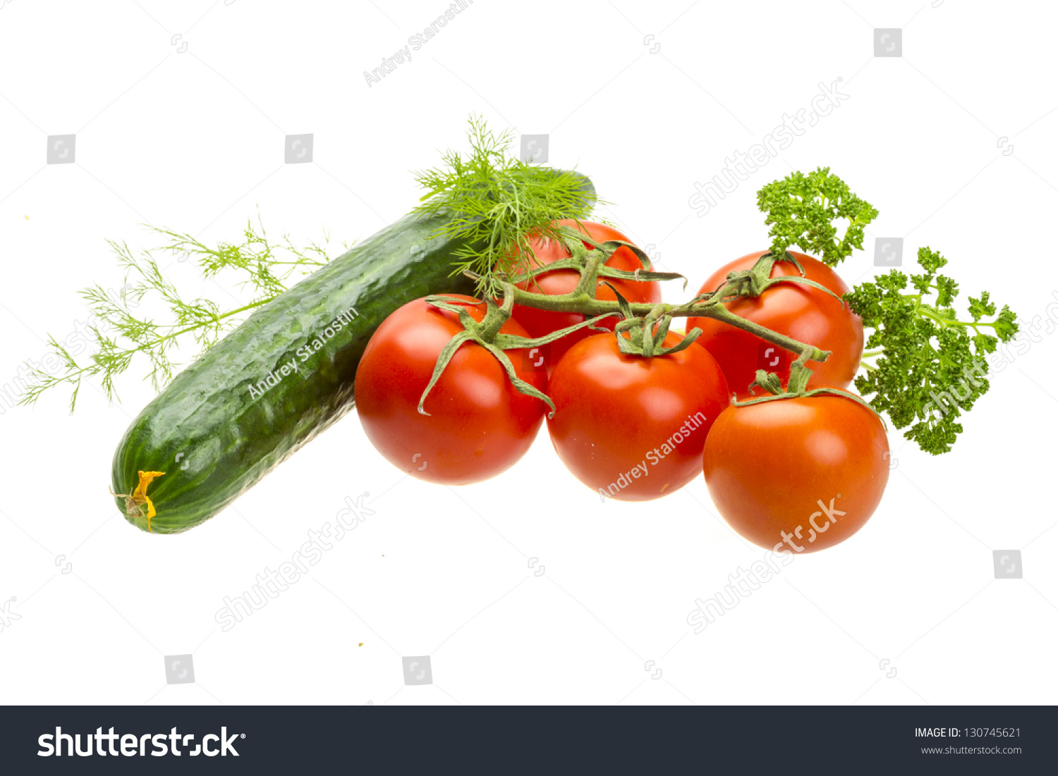 Red ripe tomatoes on the branch with parsley, dill, cucumber #130745621