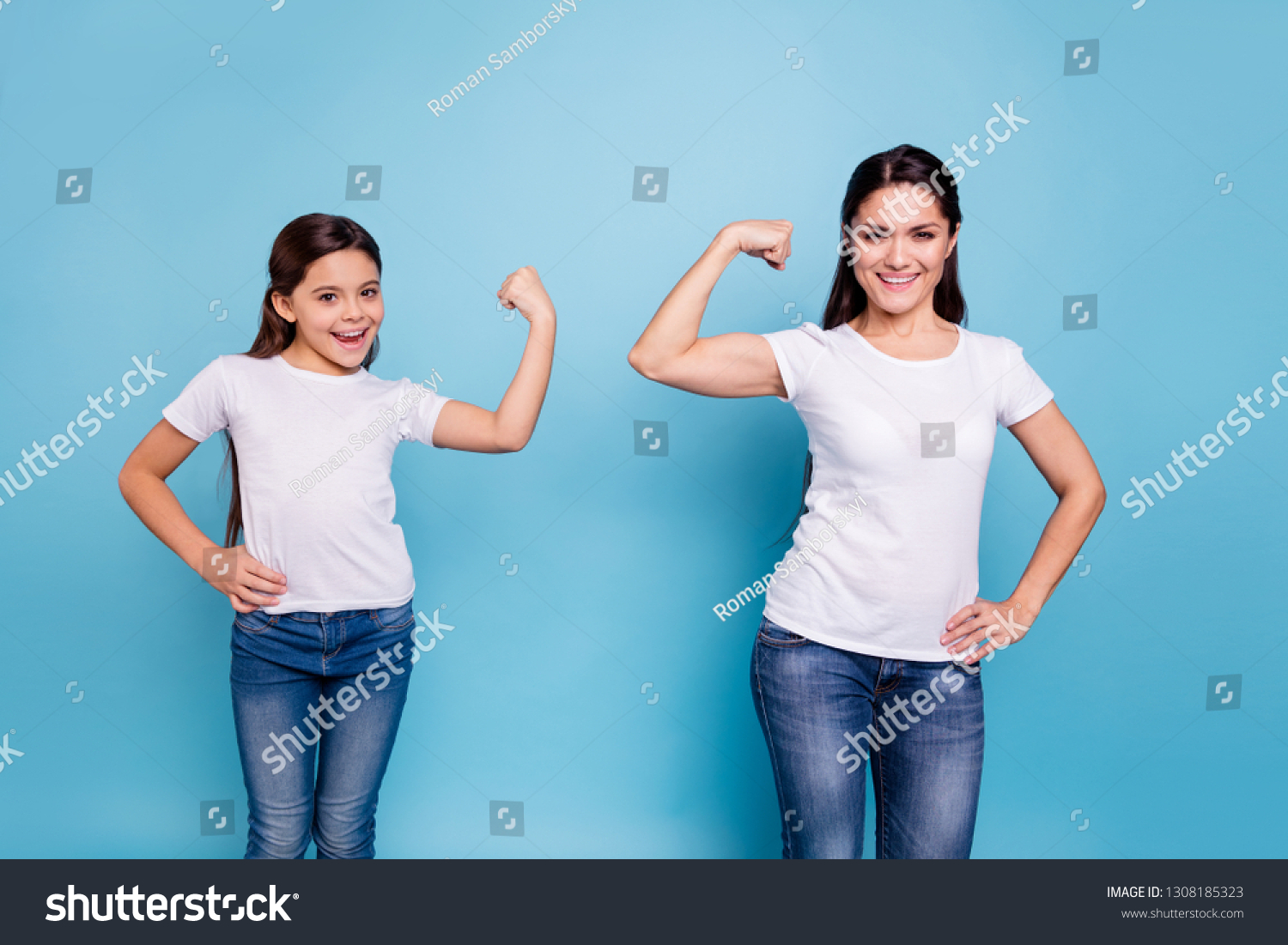 Close up photo two people brown haired mum mom small little daughter hand on biceps who run world girls wear white t-shirts isolated bright blue background #1308185323