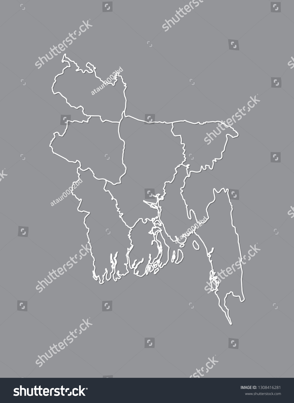 Bangladesh vector map with border lines of divisions using gray color on dark background illustration #1308416281