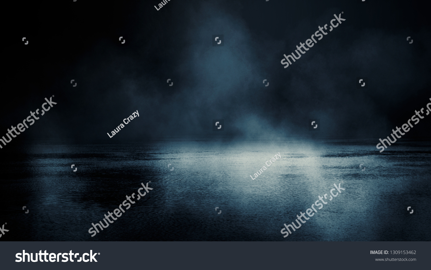 Background scene of empty street. Night view of the river, the night sky with clouds, the reflection of light on the water. Smoke fog #1309153462