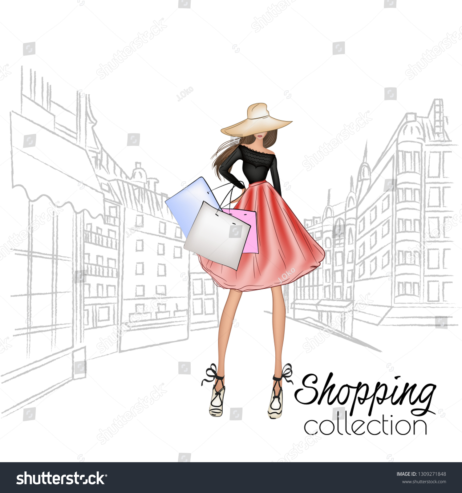 Beautiful fashion model in hat. Stylish cute girl in fashion clothes. Sketch. Fashion woman, fashion banner with text template, online shopping social media ads with beautiful girl. Vector illustratio #1309271848