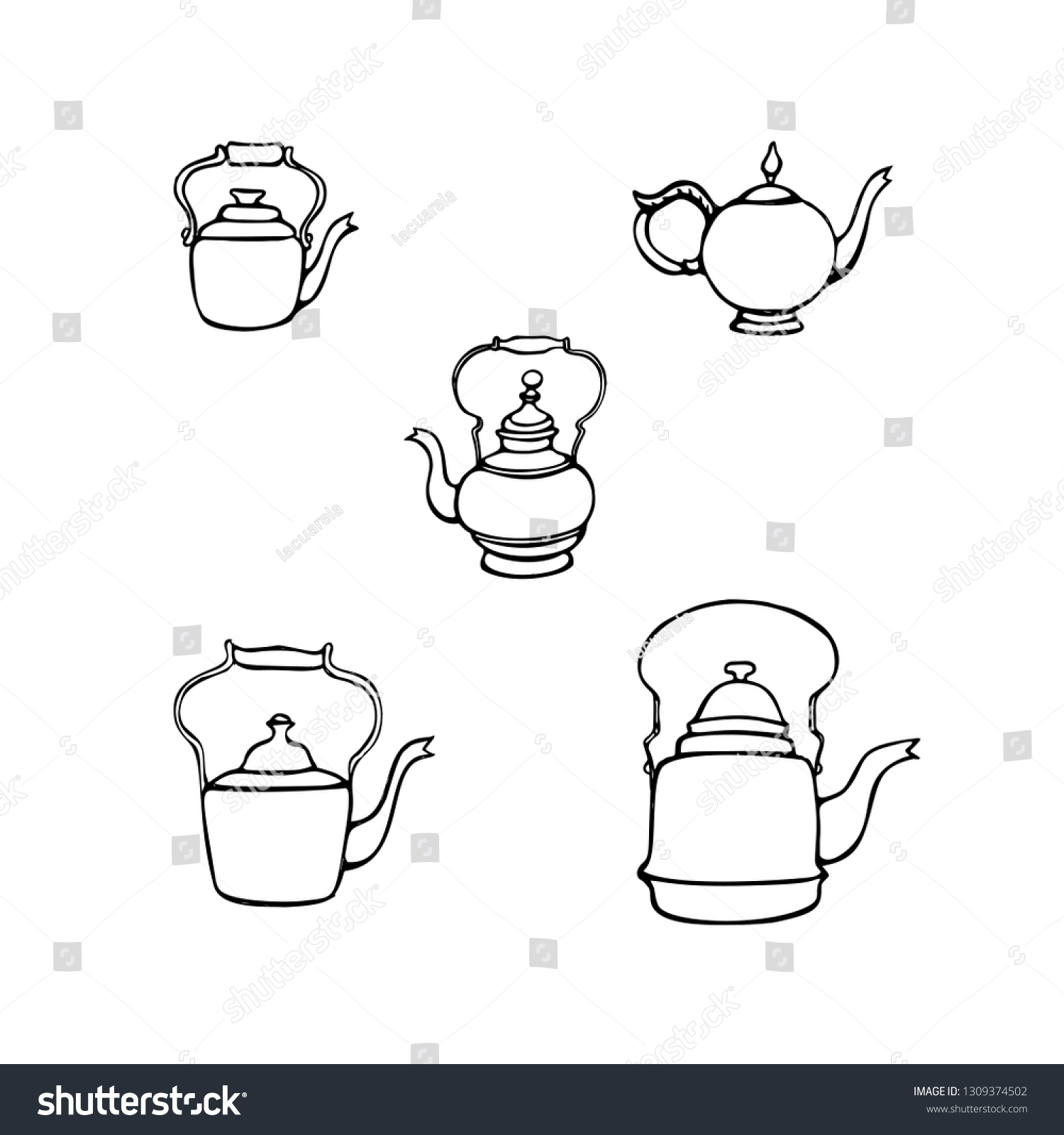 Set of five teapots, coffee pots. Vector Royalty Free Stock Vector