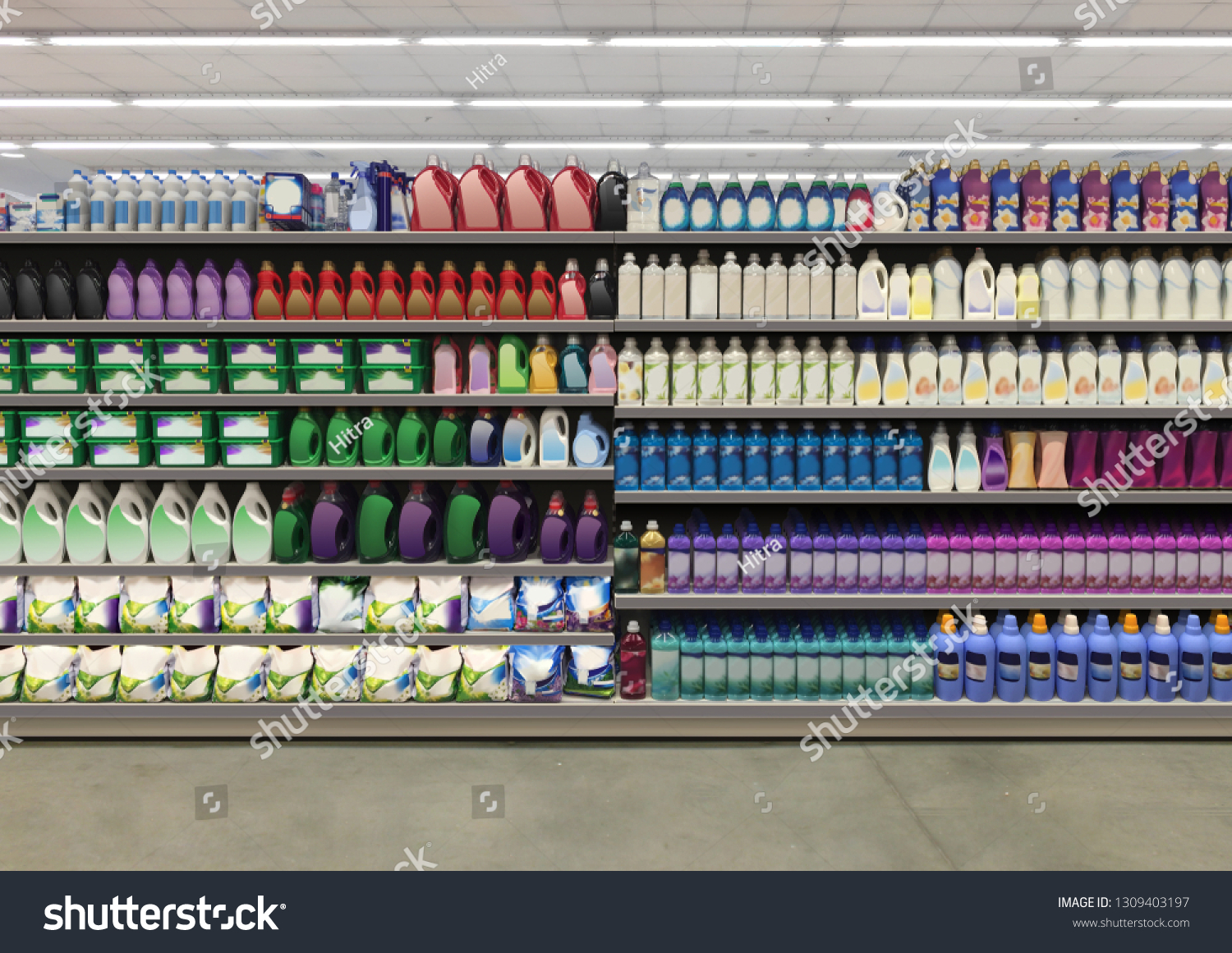 Washing up powder and liquid detergent on shelf In supermarket with colorful and blanco labels. Suitable for presenting new  detergent product and new designs of labels among many others. #1309403197
