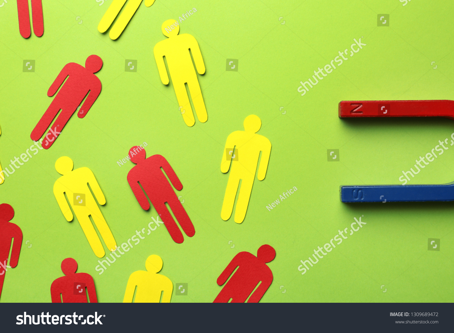 Magnet attracting paper people on color background, flat lay. Marketing concept #1309689472
