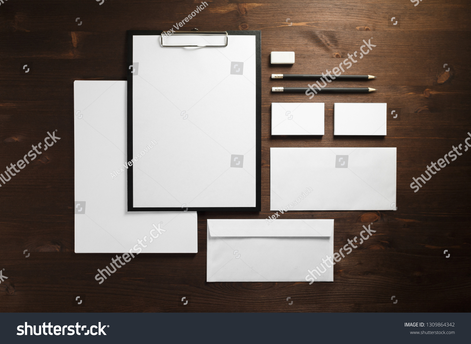 Corporate identity template. Blank stationery mock up on wooden background. Flat lay. #1309864342