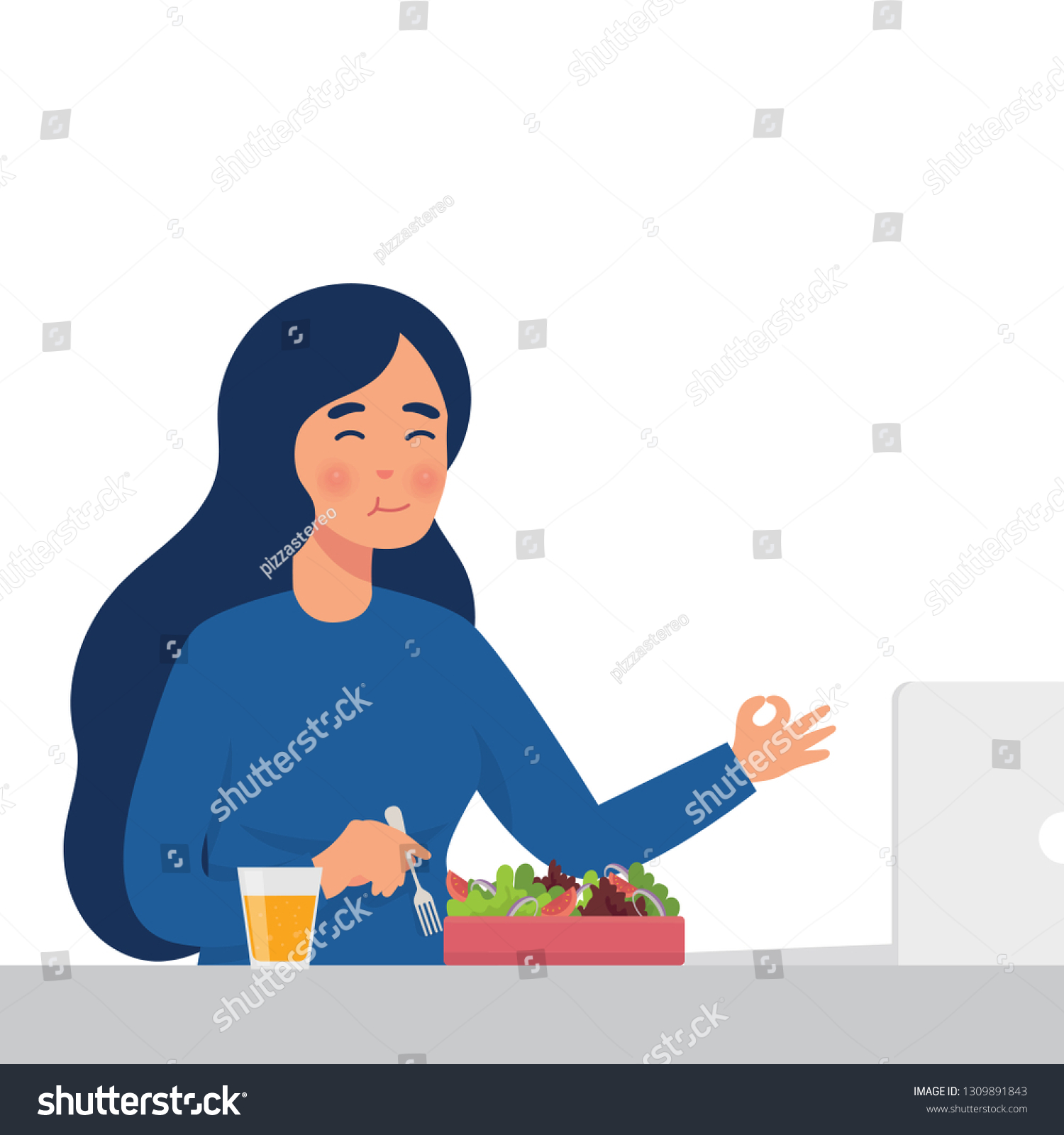vector illustration young worker eat salad in her office, healthy lifestyle illustration of woman eat raw vegetables for lunch #1309891843