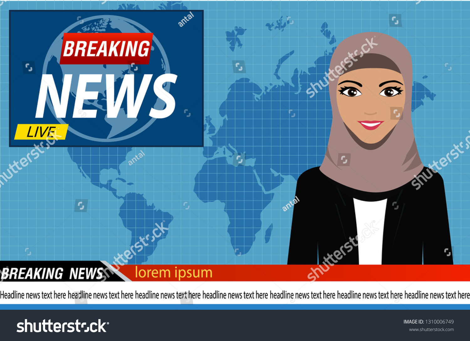 Arabic Female News Anchor On Tv Breaking News Royalty Free Stock Vector 1310006749