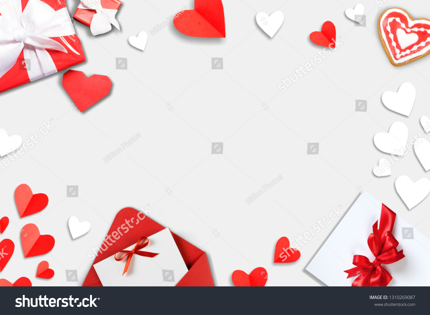 Valentine's Day background. Gifts, candle, confetti, envelope on pastel blue background. Valentines day concept. Flat lay, top view, copy space
    
    - Image #1310269087
