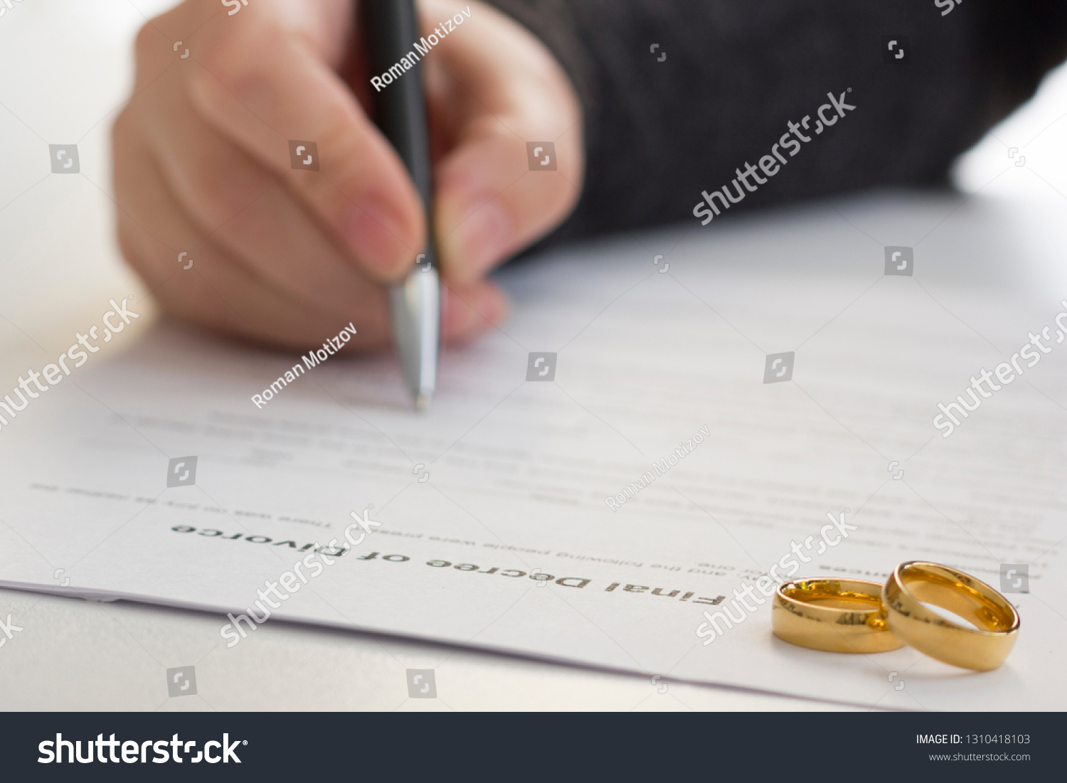 Hands of wife, husband signing decree of divorce, dissolution, canceling marriage, legal separation documents, filing divorce papers or premarital agreement prepared by lawyer. Wedding ring #1310418103