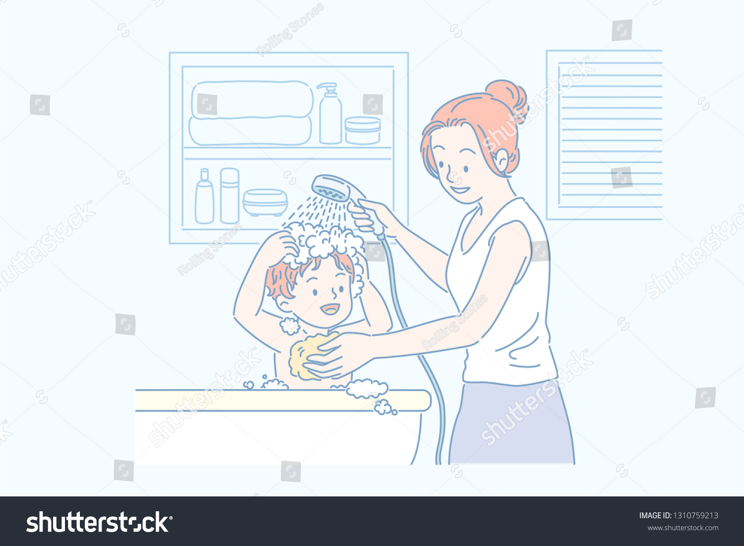 Mom Washing Her Sons Hair In Bathtub Line Art Royalty Free Stock
