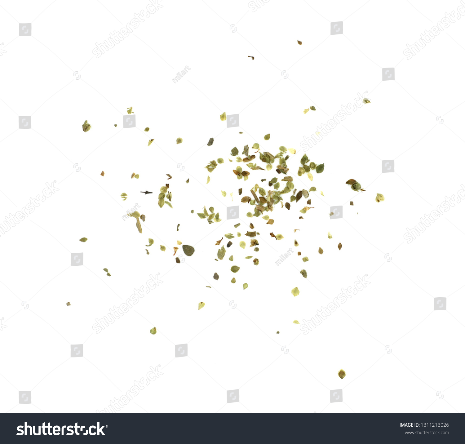 Pile of dried oregano isolated on white. Pile of dried oregano leaves on a white background. Spice for pizza. Pizza ingredient. #1311213026