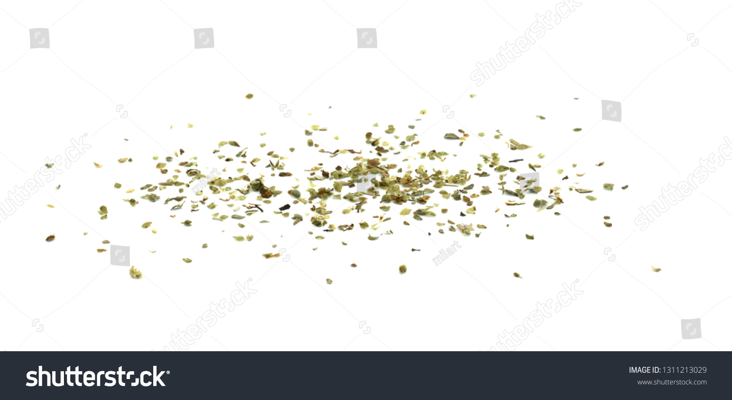 Pile of dried oregano isolated on white. Pile of dried oregano leaves on a white background. Spice for pizza. Pizza ingredient. #1311213029
