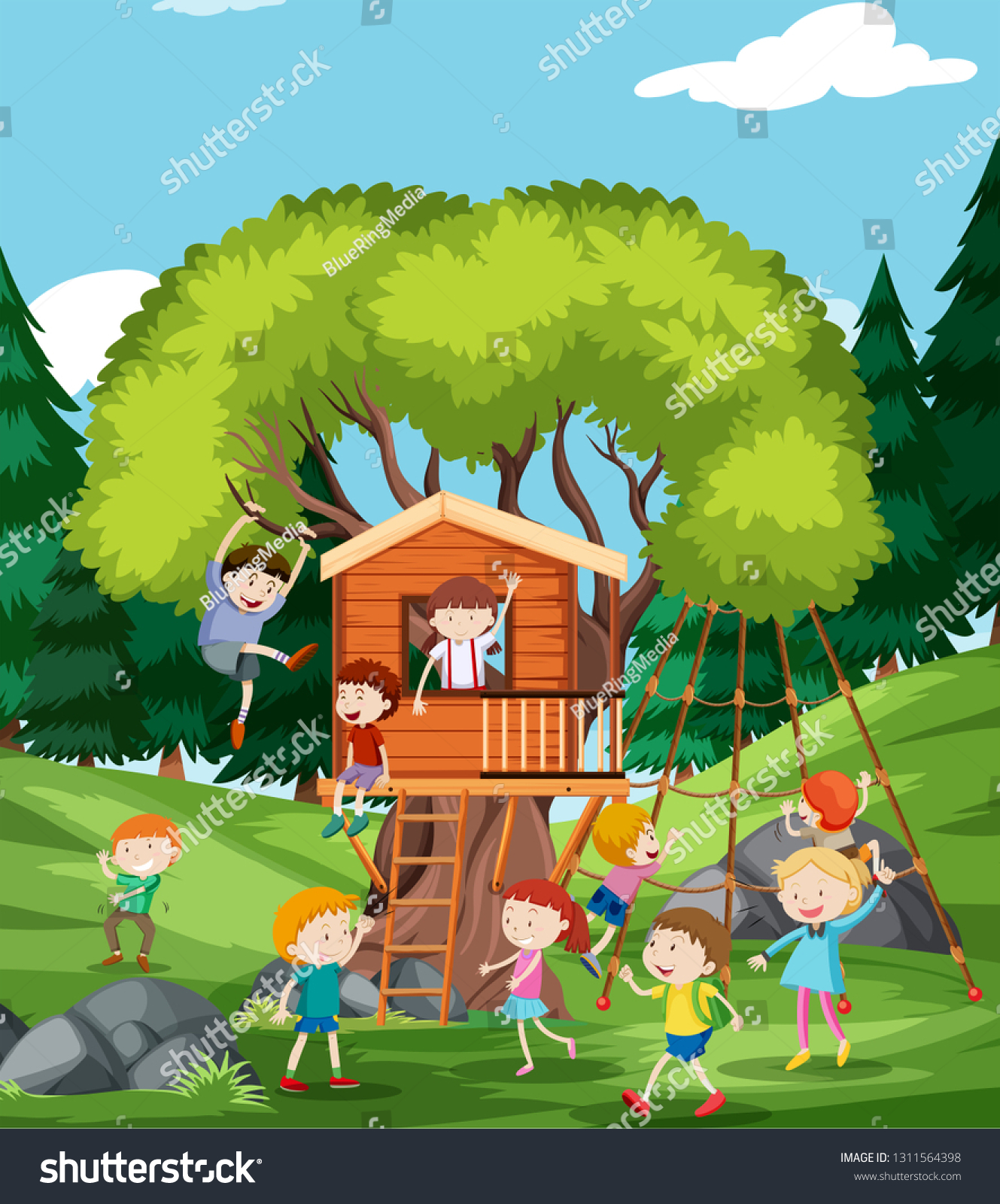 Children Playing At Tree House Illustration - Royalty Free Stock Vector ...