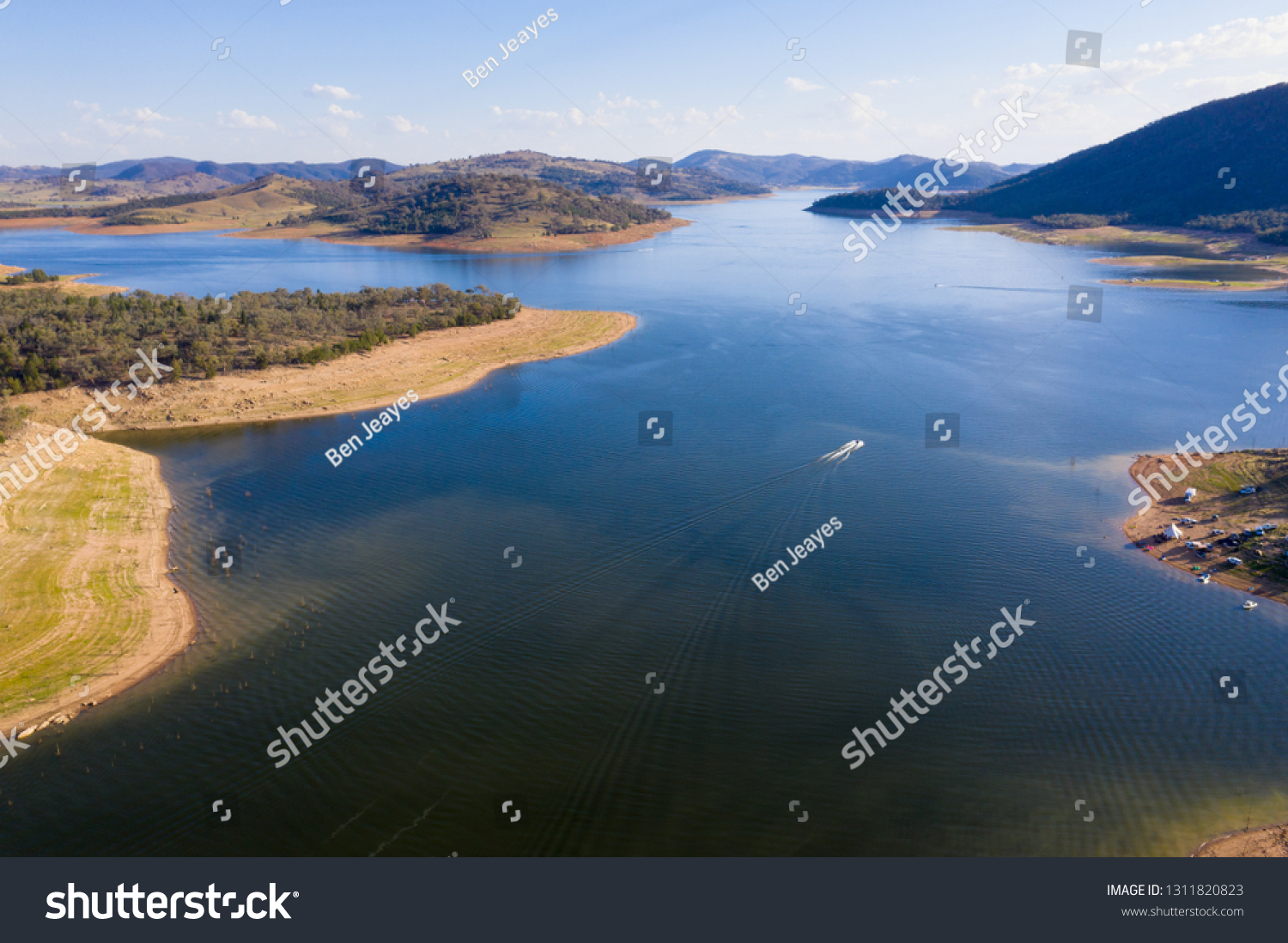 Aerial view of Wyangala Dam in central NSW. The Dam provides water storage for the Lachlan River and recreation area for camping and boating activities. #1311820823
