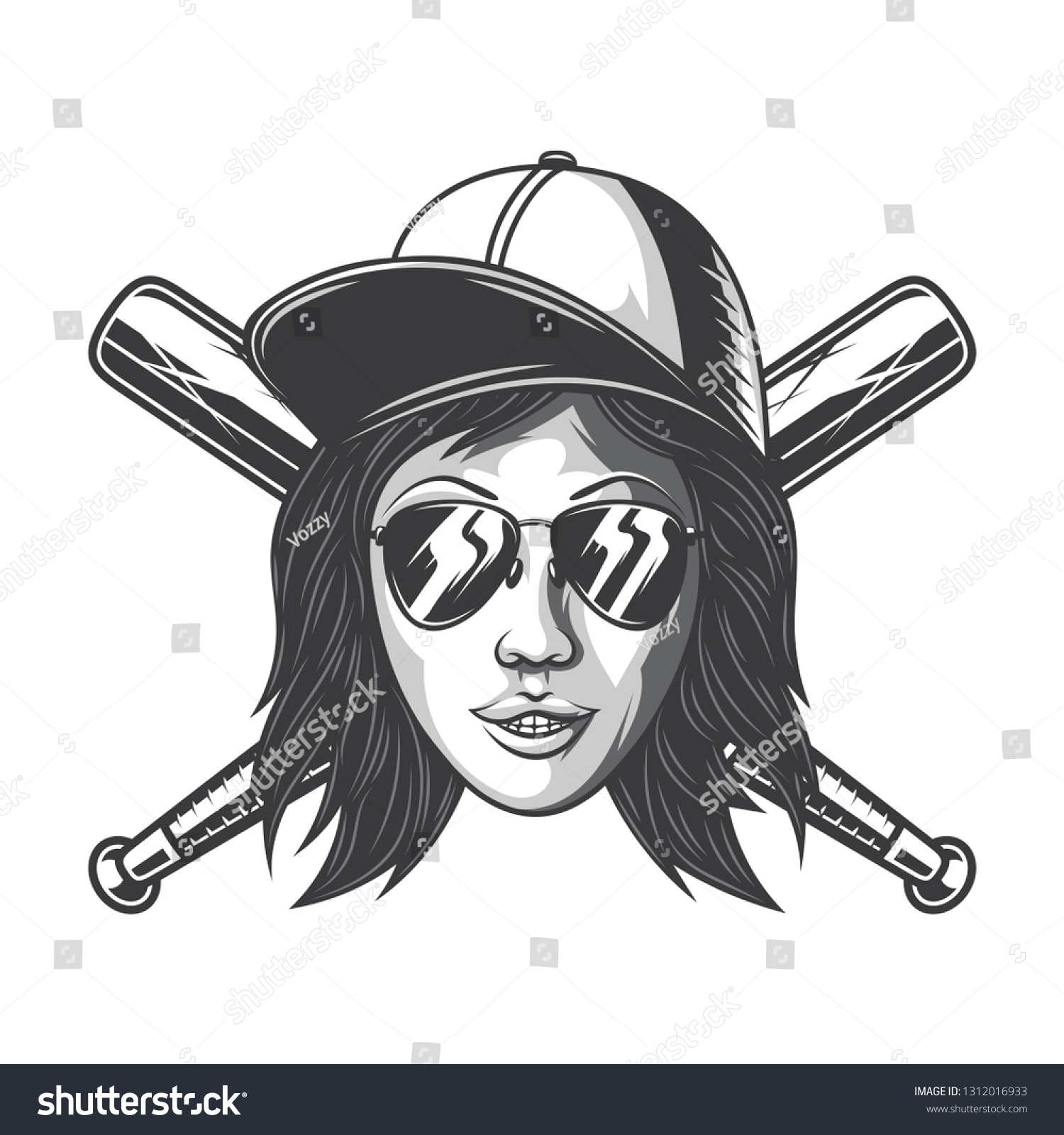 Illustration of a bandit girl with sun glasses, hat and baseball bats. Isolated on white background. #1312016933