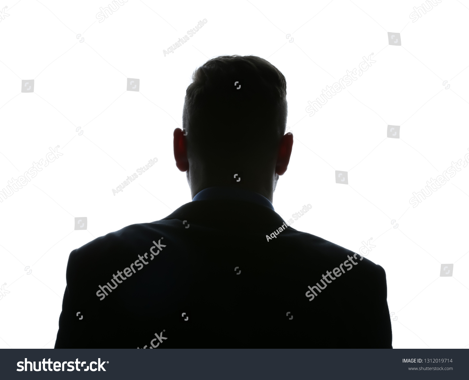 Silhouette of businessman on white background, back view #1312019714