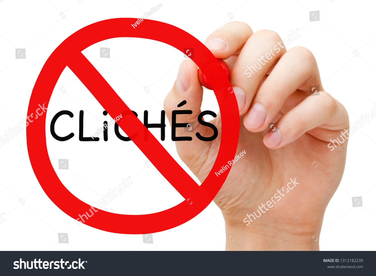 Hand drawing avoid Cliches prohibition sign originality concept with red marker on transparent wipe board isolated on white.  #1312182239