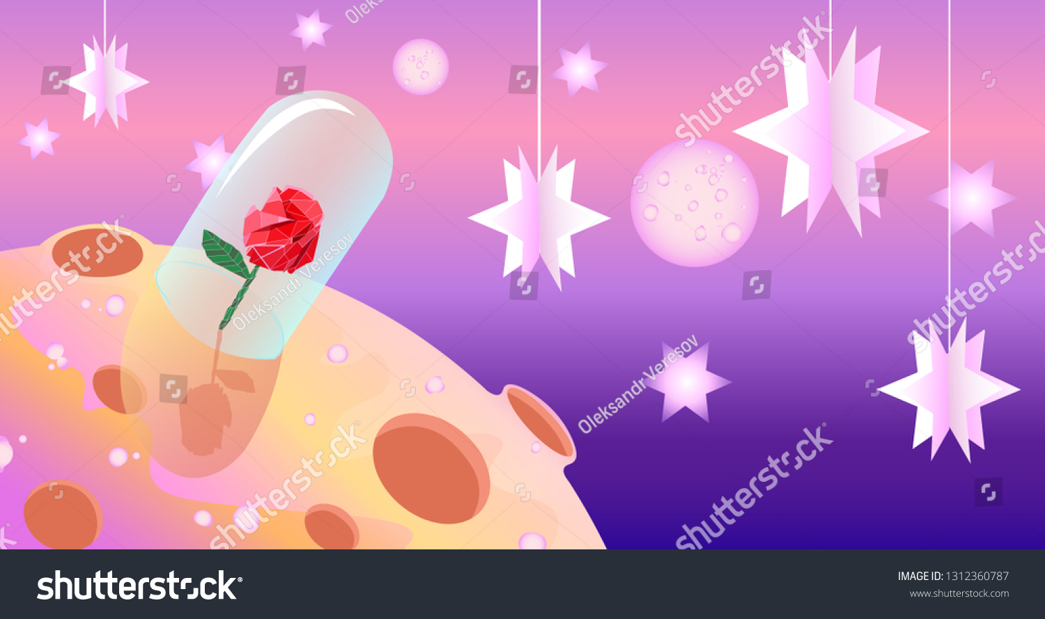 Vector flat stile illustration of rose, stars, moon, space #1312360787
