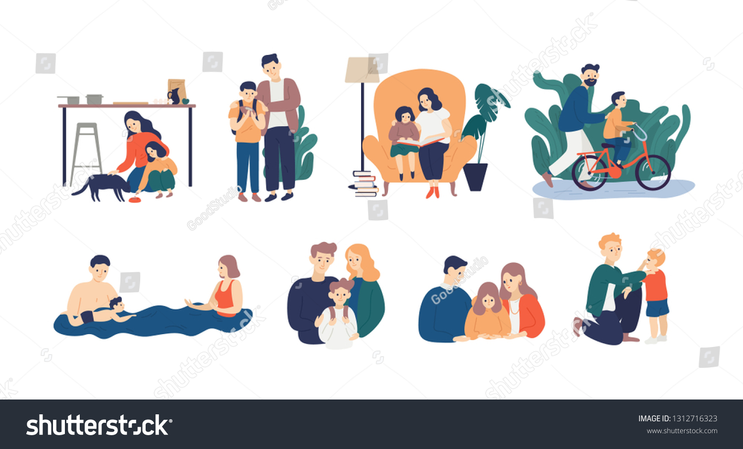 Bundle of happy loving family scenes. Good parenting and nurturing. Care, trust and support between parents and children. Mother and father educating and teaching their kid. Flat vector illustration. #1312716323