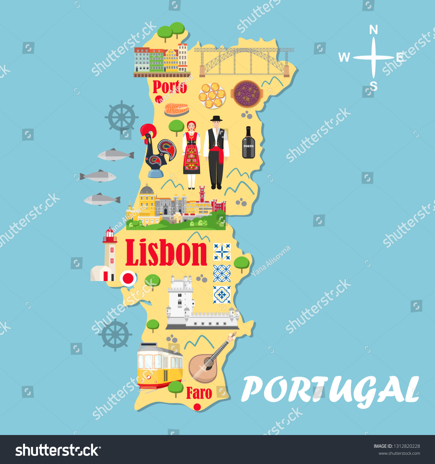 Stylized map of Portugal. Travel illustration - Royalty Free Stock ...